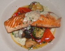 Salmon with Grilled, Smoked and Roast Vegetable Salad and Buttermilk-Mint Vinaigrette